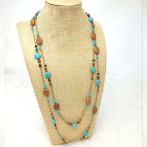 Brown and turquoise wooden and natural bead two-strand boho necklace